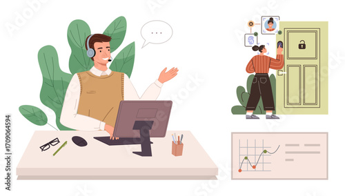 Customer service agent assisting client remotely, woman using smart access system, growth chart. Ideal for customer communication, tech support, productivity, security, technology, teamwork simple
