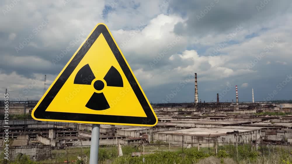 Prominent yellow radiation hazard warning sign in front of an abandoned