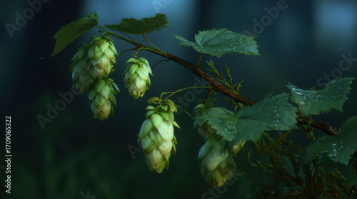 Fresh green hop cone hanging from leafy branch closeup