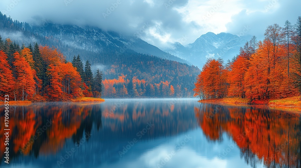 Fototapeta premium Autumn Lake Scenery: Colorful Forests Reflected in Tranquil Water, Mountain Mist Enhancing Fall Atmosphere, Perfect for Landscape Decoration, Seasonal Theme Design, Nature Scene Material