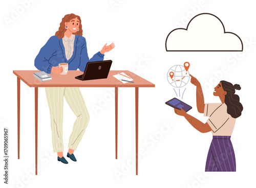 Woman at desk discussing with colleague managing global data points on tablet beneath a cloud icon. Ideal for teamwork, remote work, cloud computing, technology, strategy, data analysis, modern
