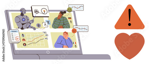 Laptop with AI assisting humans, charts, alerts, and emotions in digital learning. Ideal for education, technology, collaboration, data, AI ethics human behavior simple flat metaphor