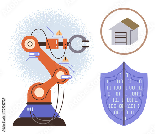 Robotic arm, alert icons for system issues, shield with binary code symbolizing security, and smart warehouse combine to depict automation, cybersecurity, and efficiency. Ideal for technology