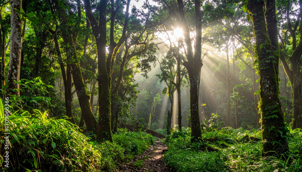 Obraz premium The dense green trees in the tropical forest and there is a little sunlight