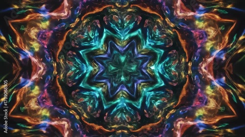 A captivating seamlessly looping video of a kaleidoscope of vibrant light patterns transforming and swirling endlessly marketing, seamlessly, art