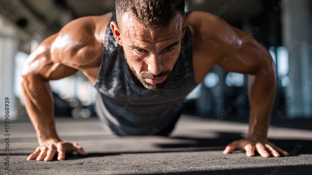 Fototapeta premium A determined man performing push-ups in a modern gym. The focus on his strength and dedication showcases the essence of fitness and athleticism in a vibrant workout environment.
