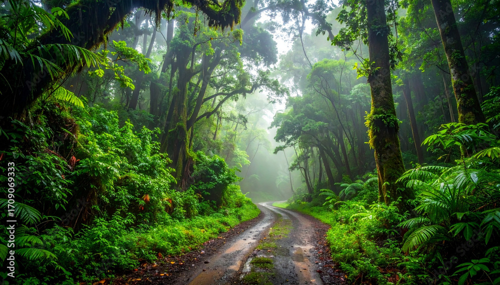 Obraz premium The humid tropical green forest is drenched by rain and light fog