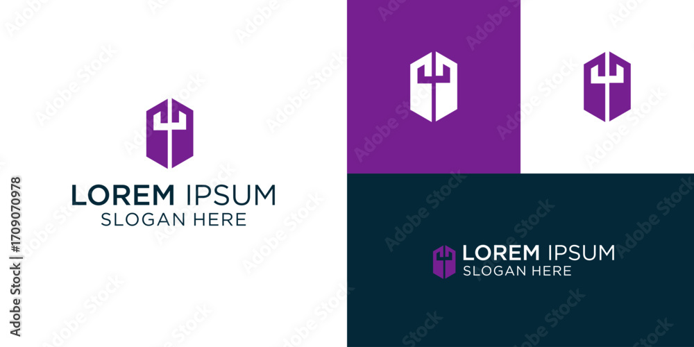Φωτογραφία Modern geometric trident logo design in vibrant purple and white, perfect for tech startups, security firms, or gaming brands seeking a powerful and memorable identity