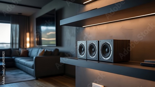 audio speaker setup in modern home entertainment room with ambient lighting, Immersive Home Theater Experience, created with generative ai