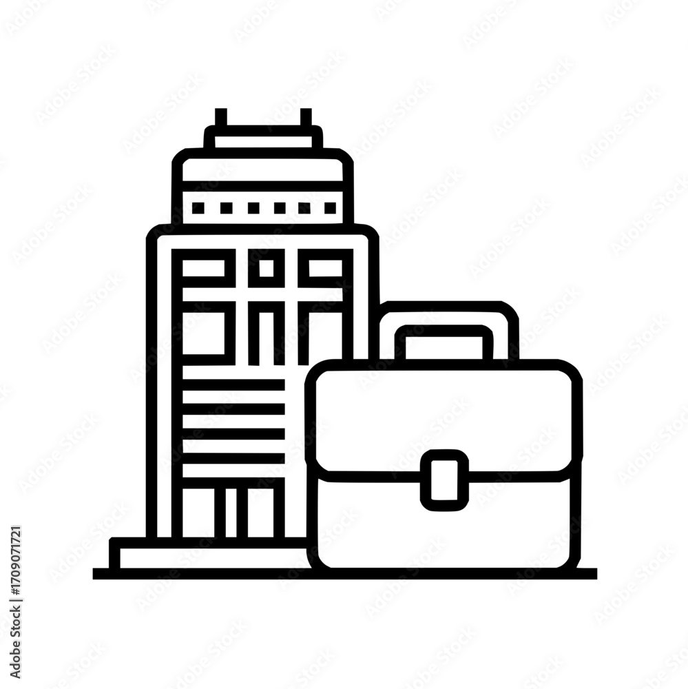 Fototapeta premium Illustration of a briefcase next to a tall building with a simple black and white outline design style