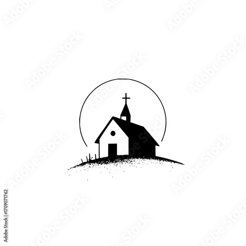Silhouette of a church with a cross on top, set against a circular backdrop on a small hillscape design