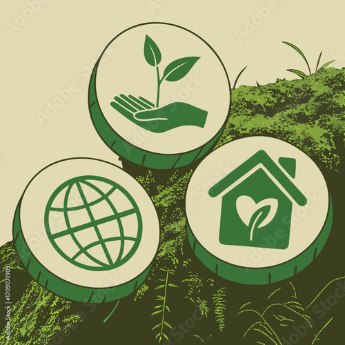 Three green eco icons on textured background ecology