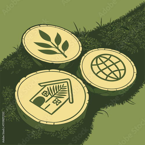 Three wooden discs with nature icons on grassy ground