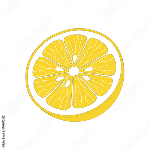 Close-up view of a stylized lemon slice, showcasing its segmented interior and textured rind.