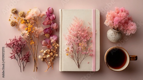 Delicate dried flowers and a warm cup of coffee create a serene, inspiring workspace for creativity and reflection.