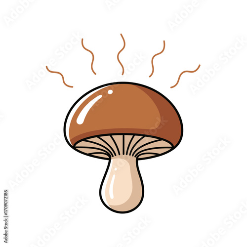Cartoon illustration of a brown mushroom with wavy lines above its cap, suggesting warmth or aroma.