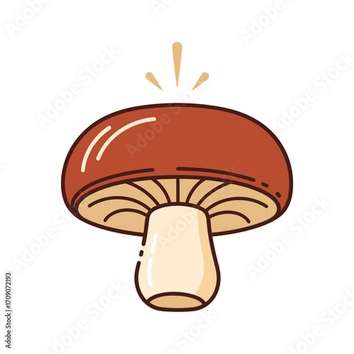 A simple, stylized illustration of a brown mushroom with a light-colored stem and gills, emitting small yellow sparkles.