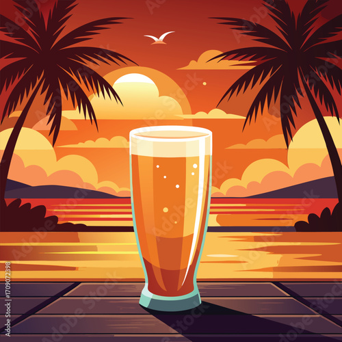Tropical sunset with beer and palm trees on wooden pier