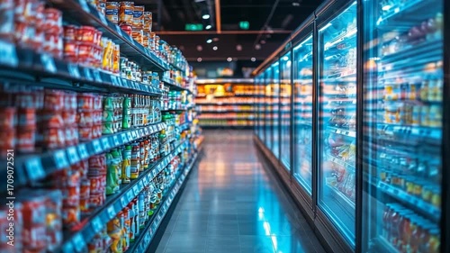 A modern supermarket interior with shelves full of colorful products on one side and illuminated refrigerated coolers on the other, a bright clean aisle in a contemporary grocery retail environment.