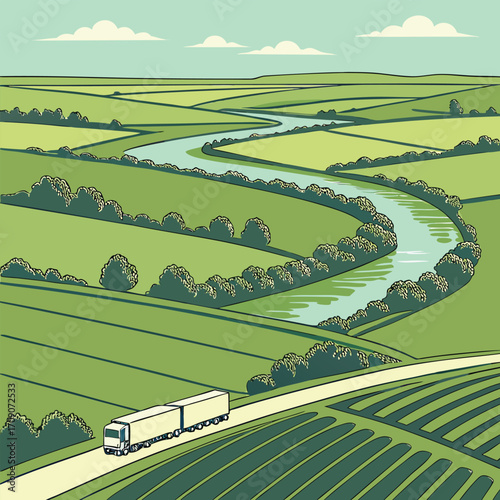 Truck on road through green fields with winding river and distant hills
