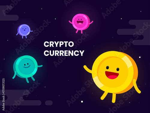 moon and stars A smiling golden coin character with “CRYPTO CURRENCY” text, surrounded by colorful blob - like characters. The background is dark purple