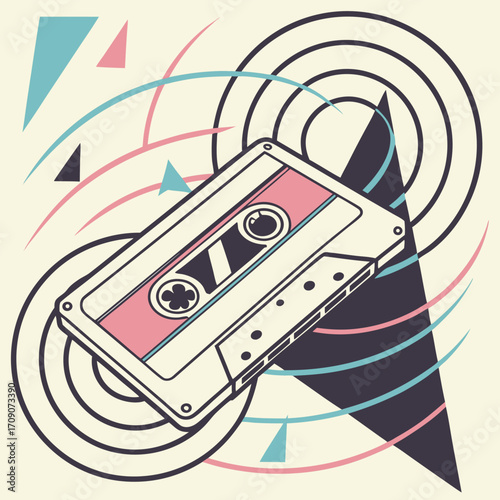 Vintage Cassette Tape with Abstract Retro Shapes analog