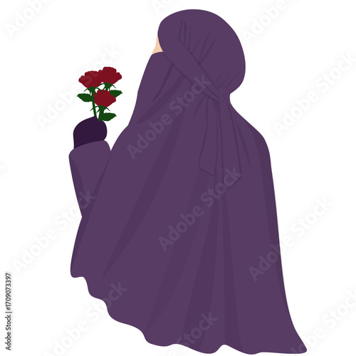 Muslim Girl Wearing Niqob holding red rose facing sideways