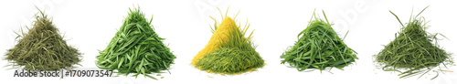 Five vibrant piles of freshly cut grass, showcasing natural textures and varying green hues, perfect for eco concepts and natural beauty.