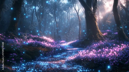 Magical forest glowing with blue light and sparkling particles floating above the ground with purple flowers, symbolizing fantasy, mystery, fairytale atmosphere, imagination, nature, and wonder.