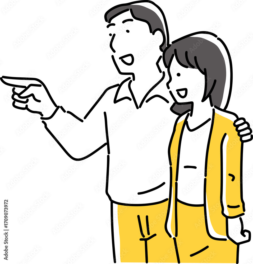 指差す男性とその方向を見る女性