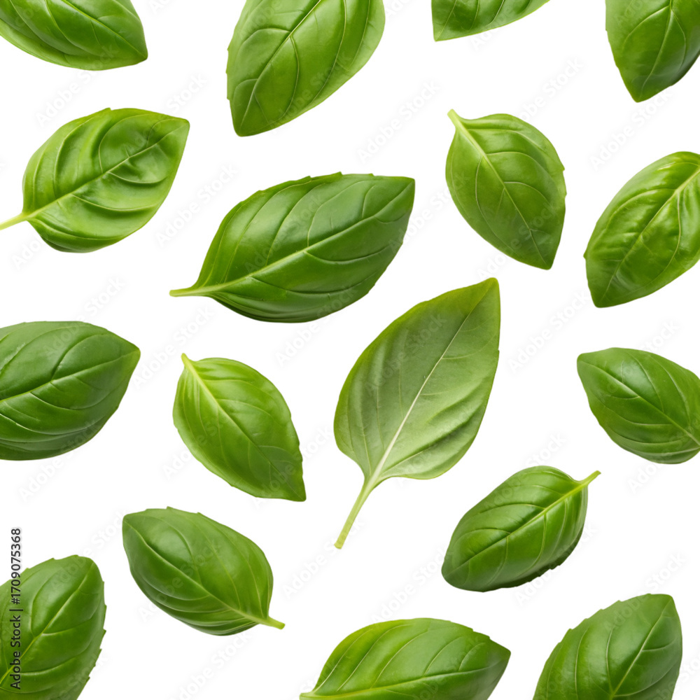Fototapeta premium Fresh Green Basil Leaves Scattered on Black Background Seamless Pattern herb leaf