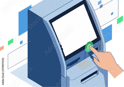 Modern ATM machine with user's finger interacting with touchscreen, symbolizing digital finance, banking, and convenient transactions in a sleek interface