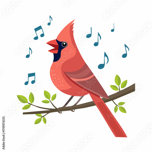 A vibrant illustration of a male cardinal singing cheerfully from a tree branch with musical notes.