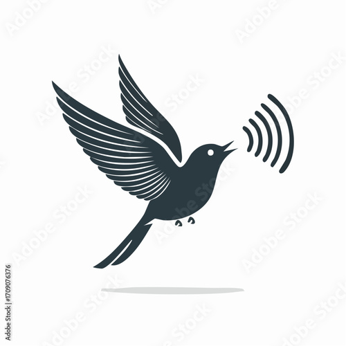 A stylized illustration of a bird with outstretched wings emitting sound waves.