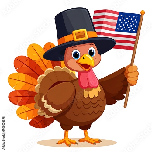 Cartoon turkey with hat and flag (1)