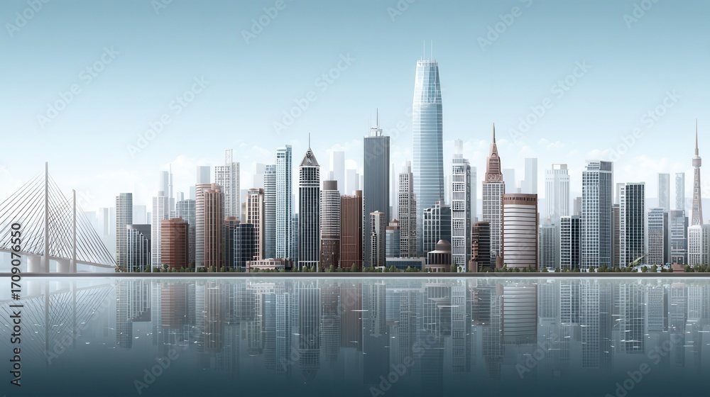Fototapeta premium Futuristic urban skyline modern cityscape digital illustration serene waterfront panoramic view high-definition concept