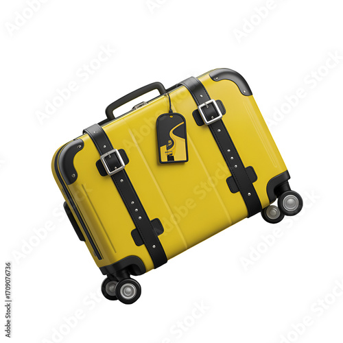 Yellow wheeled suitcase with black straps and a yellow luggage tag travel baggage