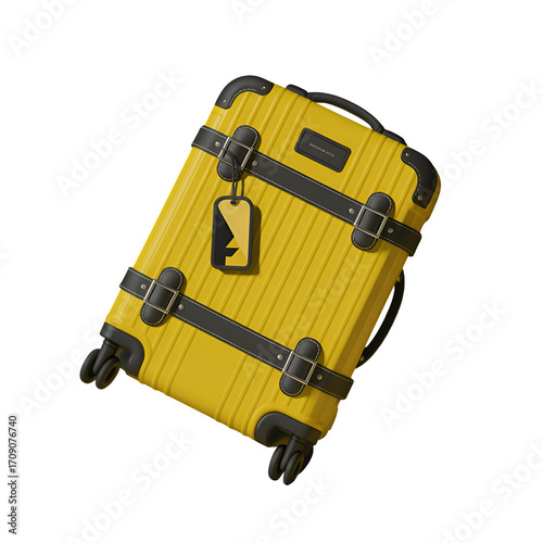Yellow hard-shell suitcase with black straps and luggage tag travel baggage