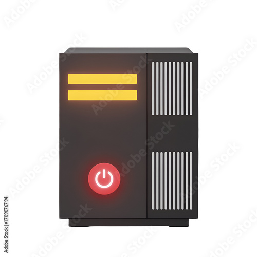 3D computer tower with glowing red power button and yellow lights desktop technology