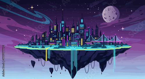 Vibrant Futuristic Cityscape on a Floating Island with Neon Lights and a Distant Moon, Ideal for science fiction concept art, futuristic game backgrounds, and creative illustration projects.