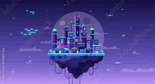 Futuristic Floating Cityscape with Vibrant Neon Glows, Ideal for Sci-Fi Fantasy Art, Game Design, and Imaginative World-Building Illustrations