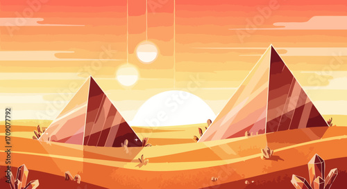 Serene Desert Landscape with Majestic Pyramids, Warm Sunset Hues, and Dreamy Reflections. Perfect for travel brochures, fantasy game backgrounds, or creative digital art projects.
