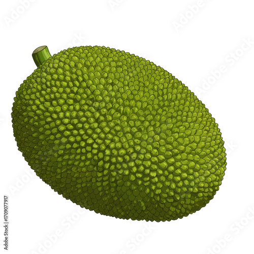A large, spiky green jackfruit illustration on a white background