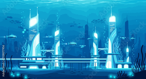 Futuristic underwater city illustration shimmering with blue light, showcasing innovative architecture for marine exploration and sustainable ocean living concepts.