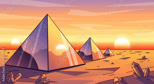 Surreal Desert Landscape with Crystal Pyramids at Sunset, Ideal for Fantasy Book Covers, Game Design, or Creative Graphic Design Projects