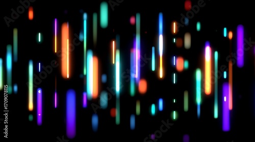 Vertical lines of vibrant neon light glow against a black background, creating a futuristic and energetic atmosphere