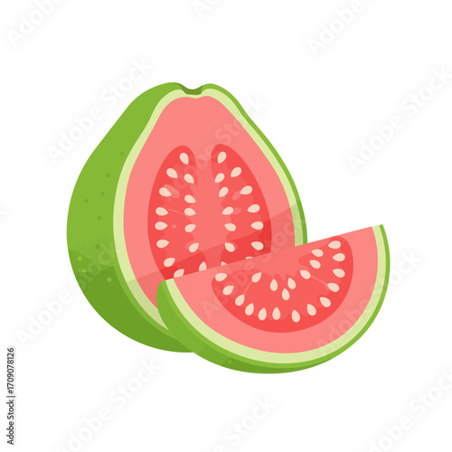 Illustration of a ripe whole green guava with a cut wedge showing pink flesh and seeds