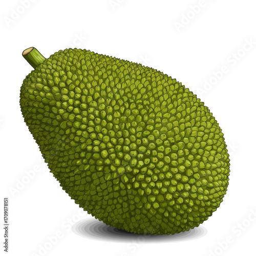 A close-up illustration of a ripe, green jackfruit with its spiky exterior