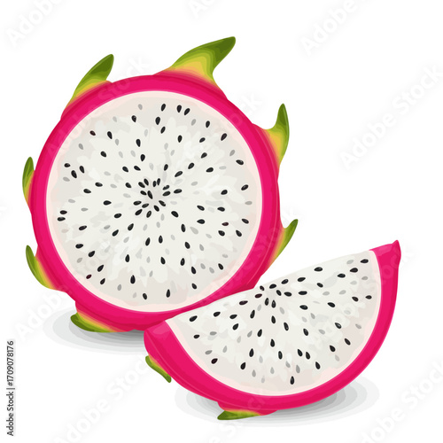 Exotic Dragon Fruit Halved and Sliced, Revealing Juicy White Flesh with Black Seeds and Striking Pink Skin, a Refreshing Tropical Treat