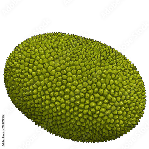 A vibrant green jackfruit with a unique textured rind, isolated on a white background